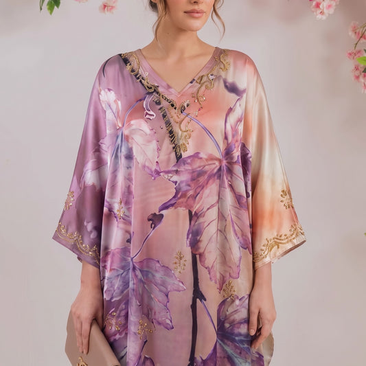 Naira Kaftan – close-up of the blush lavender abstract print