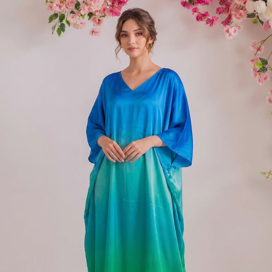 Rhea Kaftan – close-up of the turquoise ombré dip-dye print