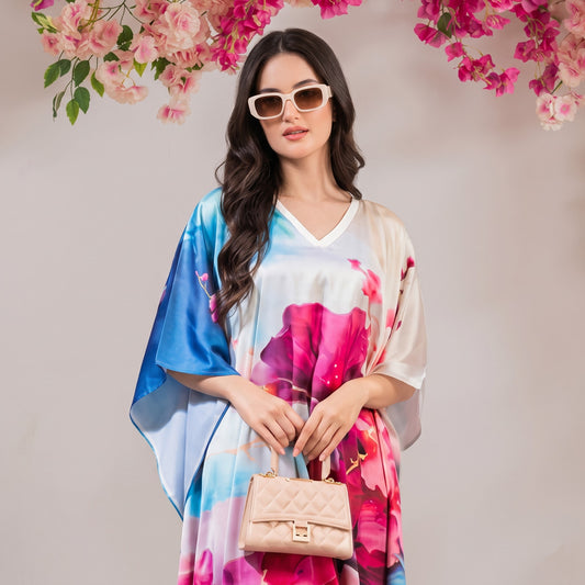 Nyra Kaftan – close-up of the rose pink floral print