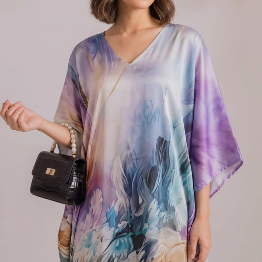 Alia Kaftan – close-up of the lavender blue floral print
