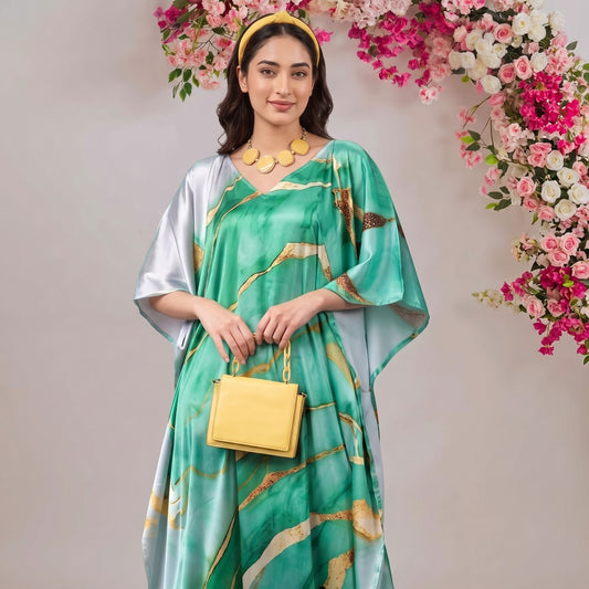 Layla Kaftan – close-up of the sage green floral print