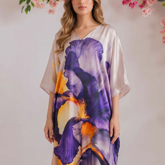 Talia Kaftan – close-up of the multicolor abstract floral print