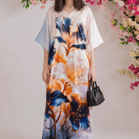Verena Kaftan – close-up of the slate blue floral print