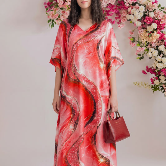Calla Kaftan – close-up of the rose pink floral print