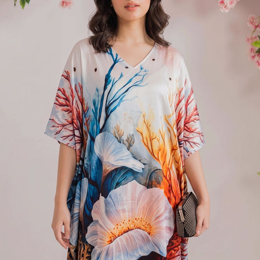 Iris Kaftan – close-up of the lavender floral print