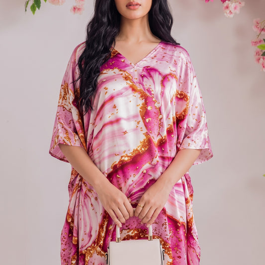 Elowen Kaftan – close-up of the blush pink floral print