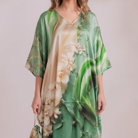 Elyse Kaftan – close-up of the multicolor abstract floral print