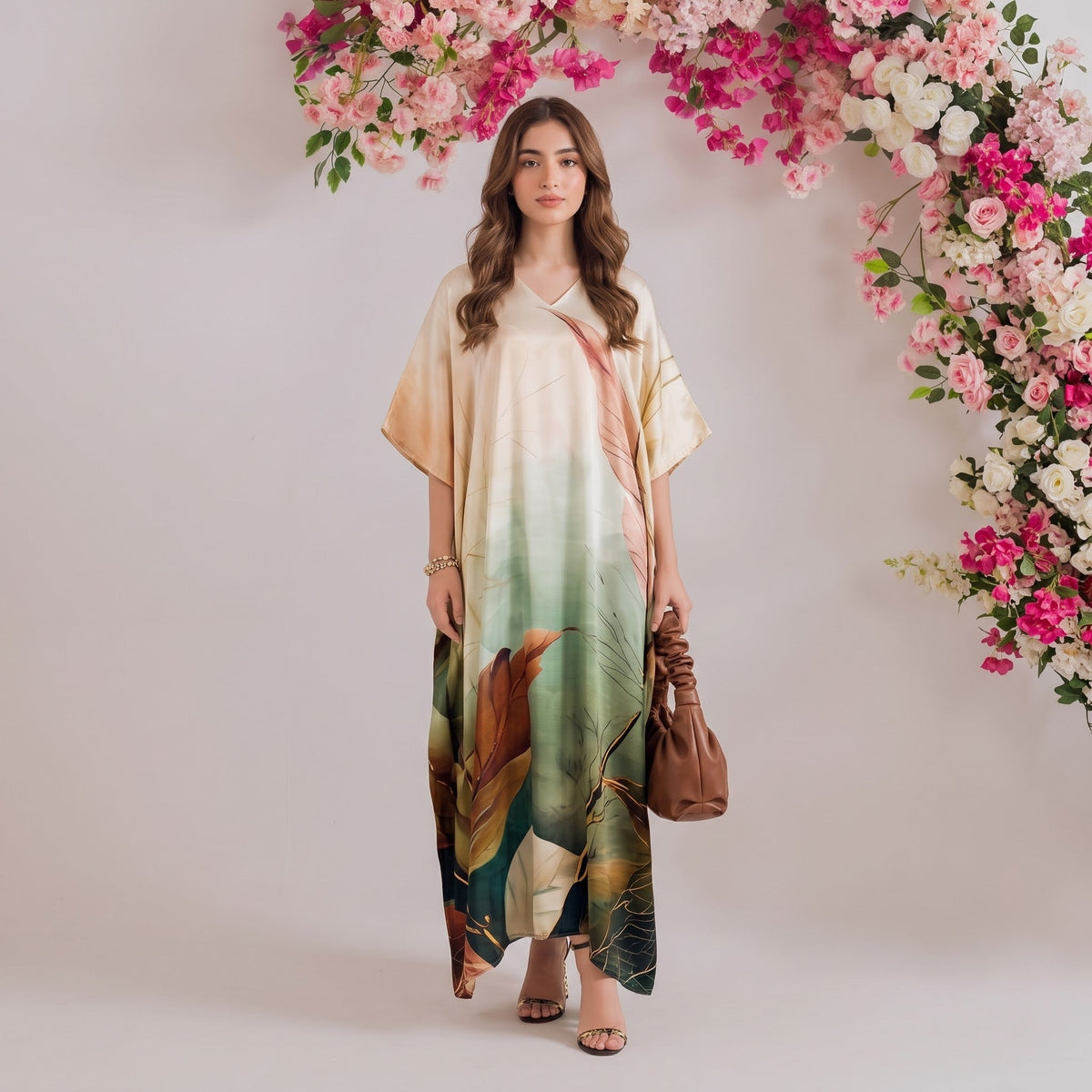 Ilana Kaftan – sage green floral print, front view