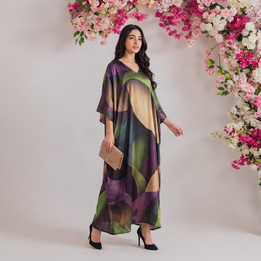 Amara Kaftan – olive green abstract print, front view