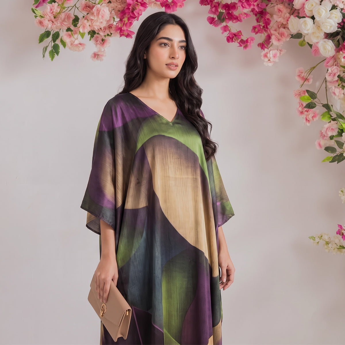 Amara Kaftan – close-up of the olive green abstract print