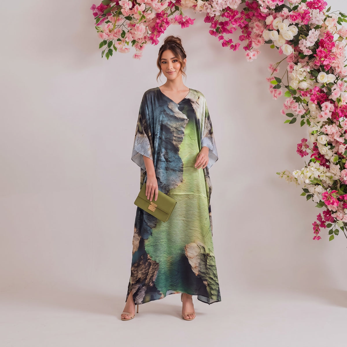 Elara Kaftan – sage green abstract print, front view