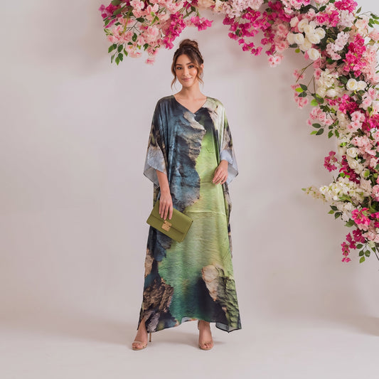 Elara Kaftan – sage green abstract print, front view