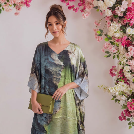 Elara Kaftan – close-up of the sage green abstract print