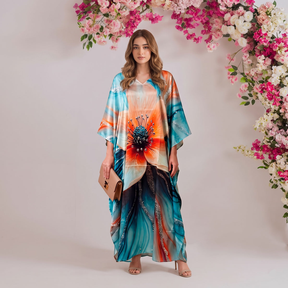 Aurelia Kaftan – teal & coral abstract print, front view