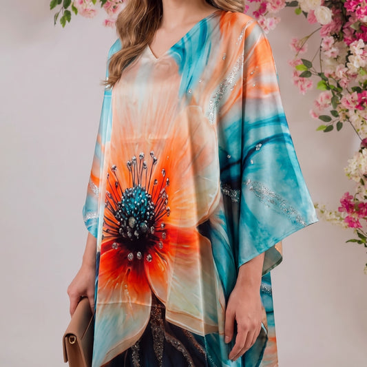 Aurelia Kaftan – close-up of the teal & coral abstract print