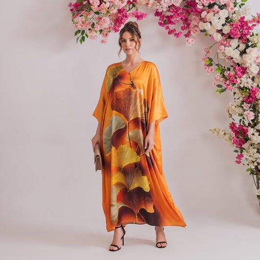 Veya Kaftan – burnt orange abstract print, front view