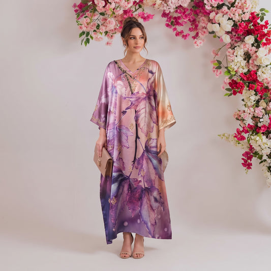Naira Kaftan – blush lavender abstract print, front view
