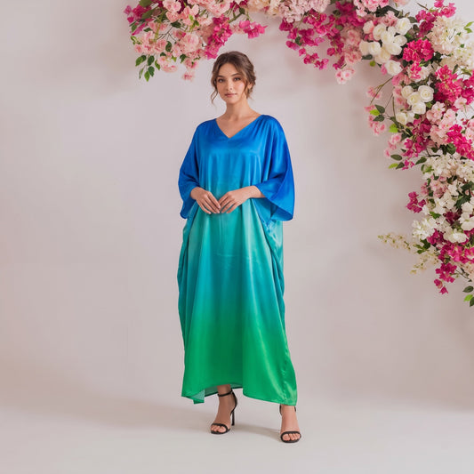 Rhea Kaftan – turquoise ombré dip-dye print, front view