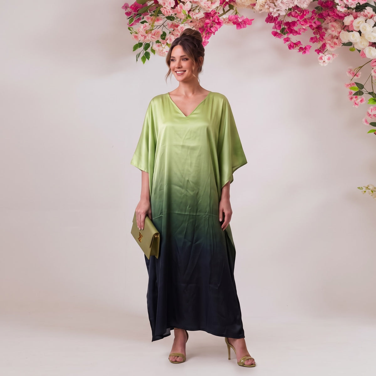 Saira Kaftan – sage green ombré dip-dye print, front view