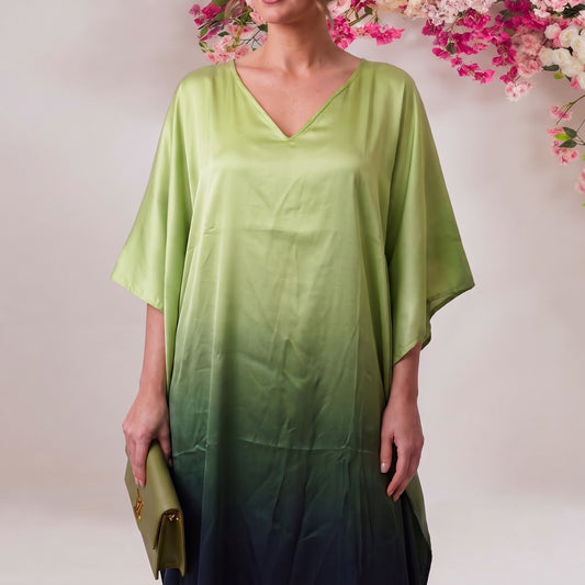 Saira Kaftan – close-up of the sage green ombré dip-dye print