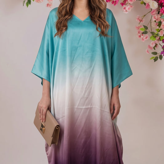 Iyla Kaftan – close-up of the lavender ombré dip-dye print