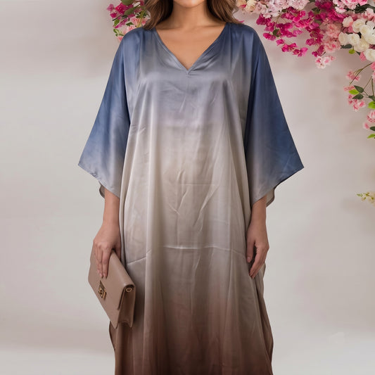 Zaira Kaftan – close-up of the multicolor abstract ombré dip-dye print
