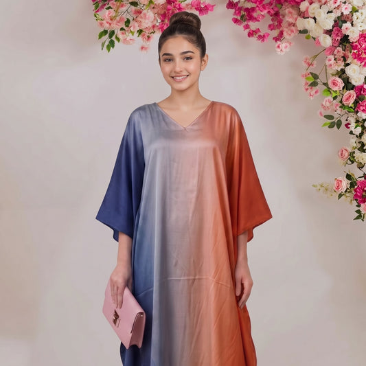 Anaya Kaftan – close-up of the multicolor abstract ombré dip-dye print