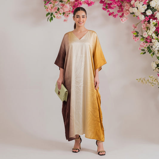 Meera Kaftan – golden tan ombré dip-dye print, front view