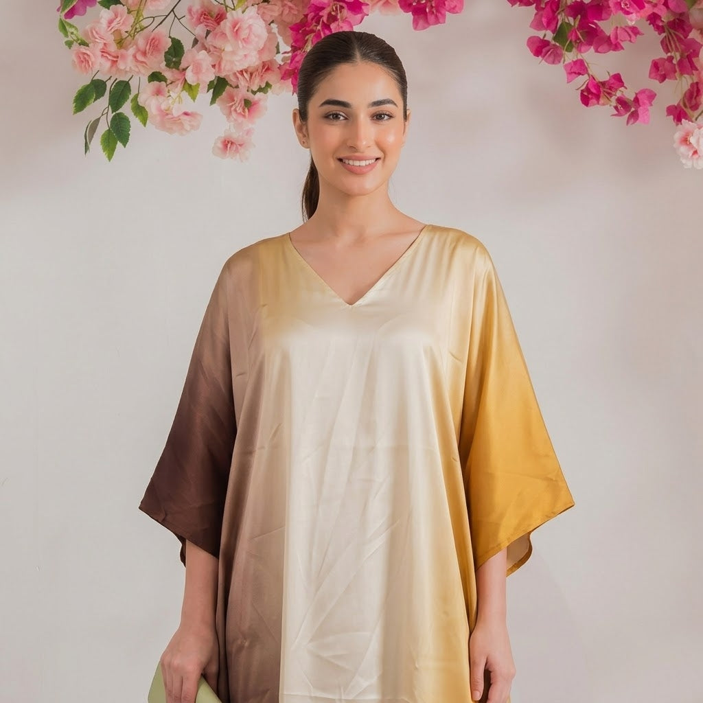 Meera Kaftan – close-up of the golden tan ombré dip-dye print