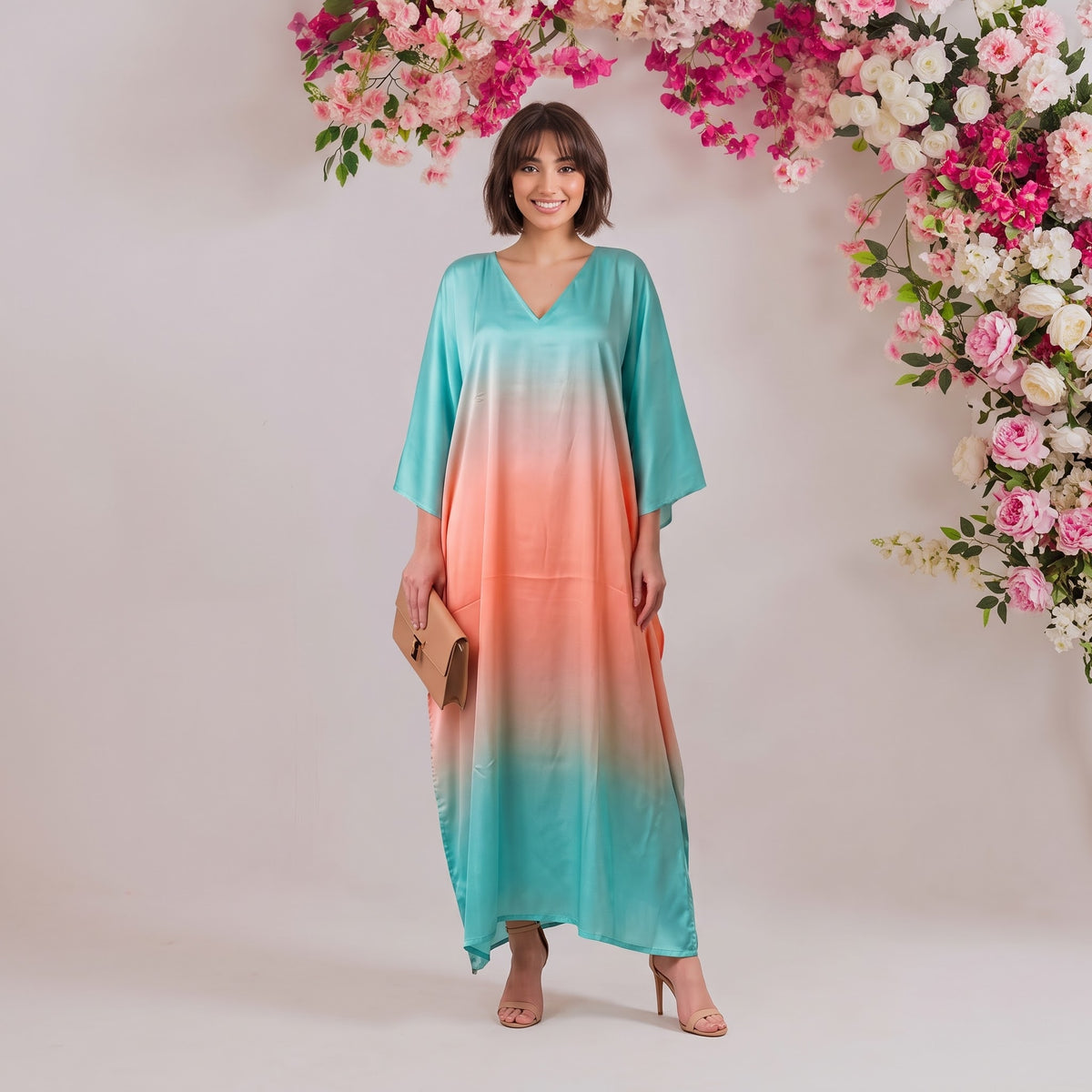 Isra Kaftan – teal & peach ombré dip-dye print, front view