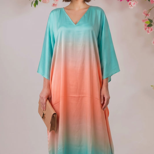 Isra Kaftan – close-up of the teal & peach ombré dip-dye print
