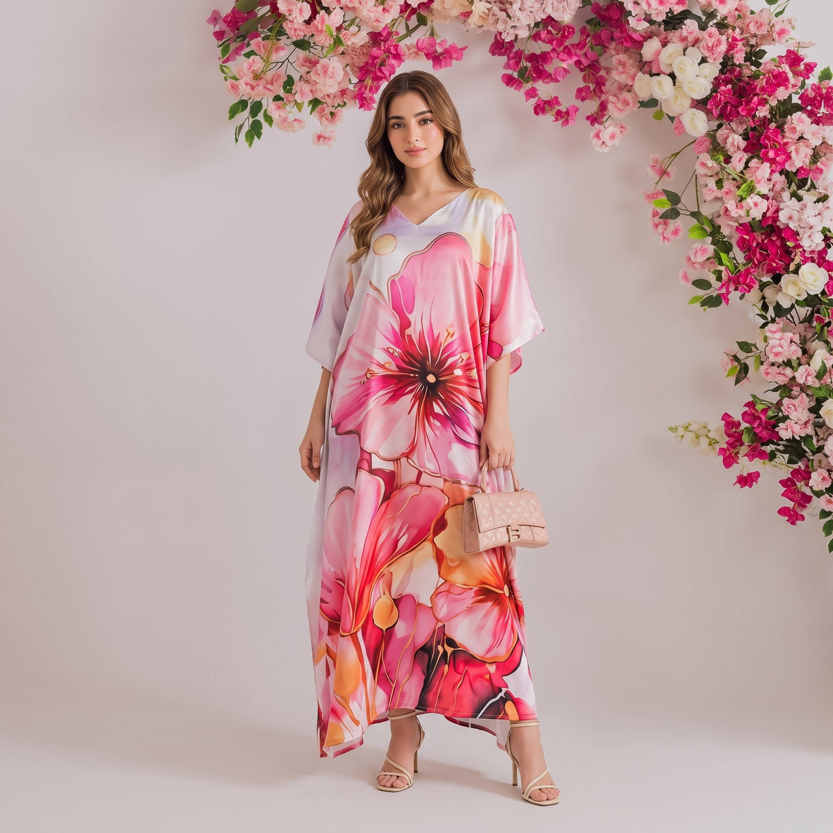 Kiara Kaftan – rose pink floral print, front view