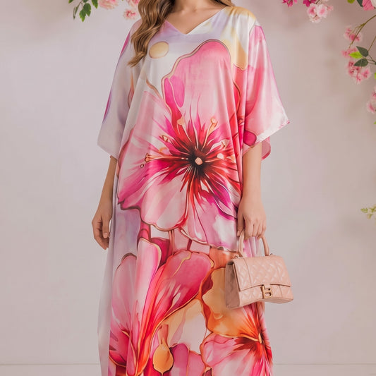 Kiara Kaftan – close-up of the rose pink floral print
