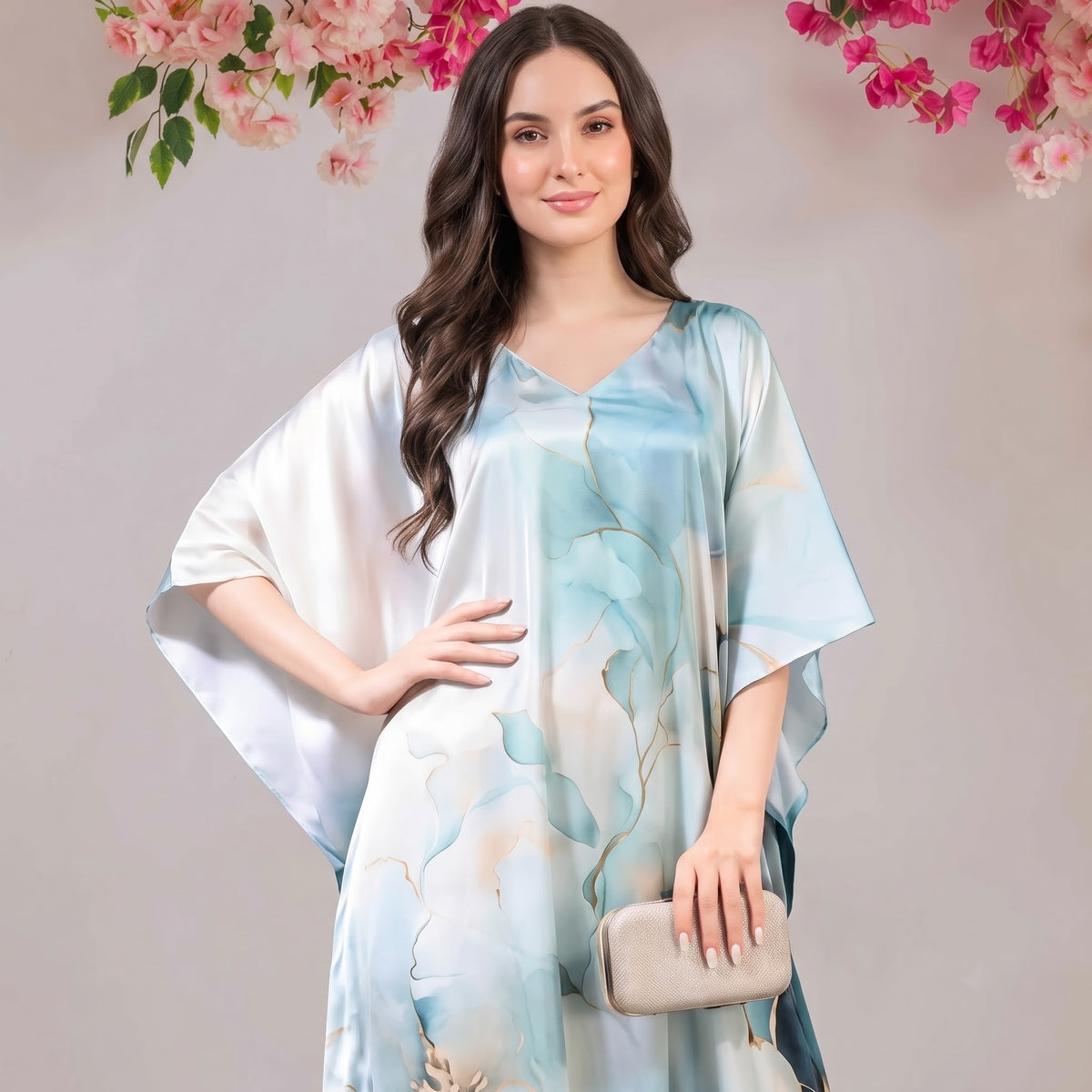 Aanya Kaftan – close-up of the lavender floral print