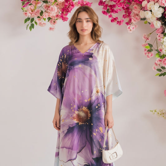Riya Kaftan – close-up of the multicolor abstract floral print