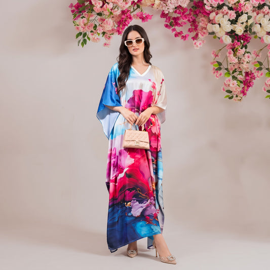 Nyra Kaftan – rose pink floral print, front view