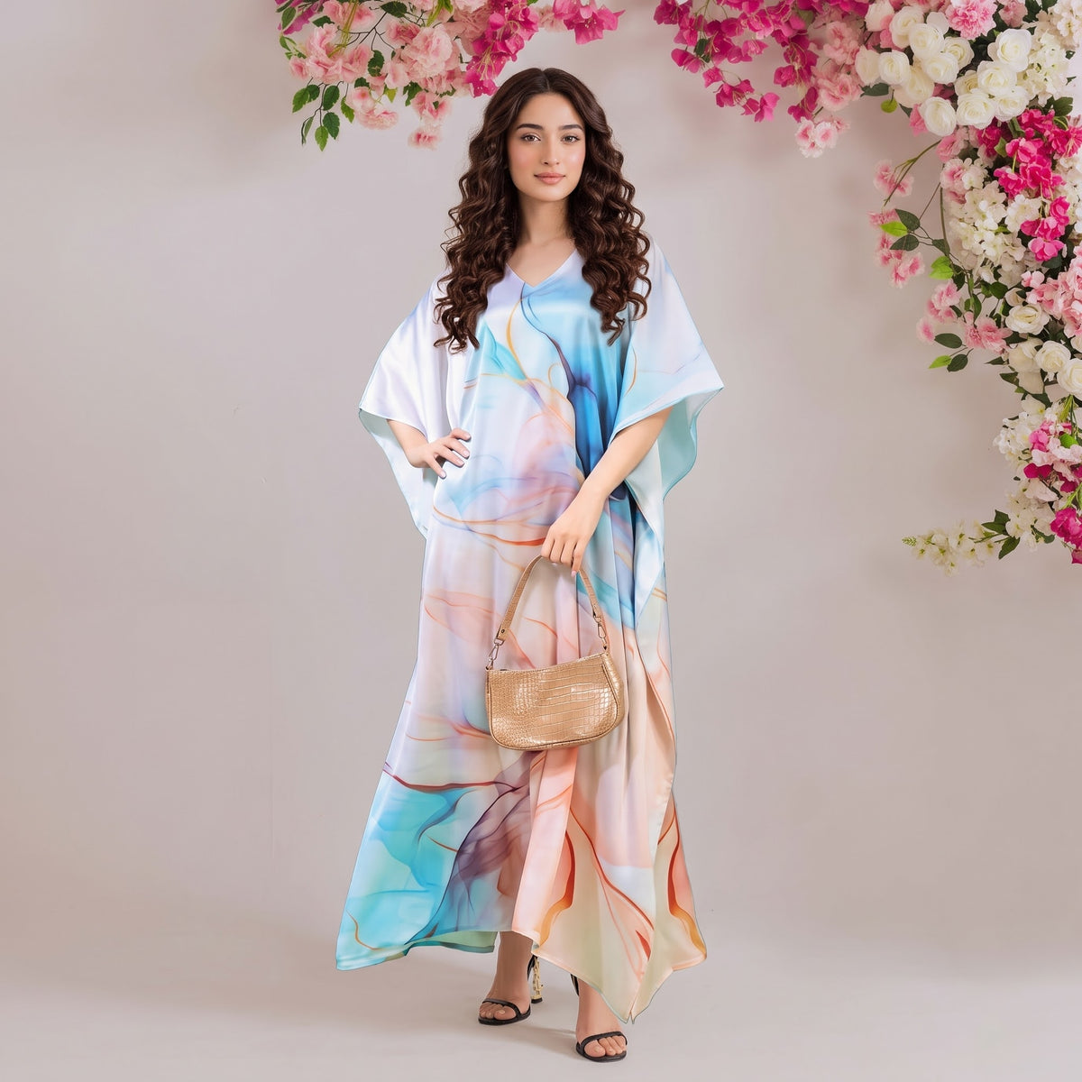 Zoya Kaftan – blush pink floral print, front view