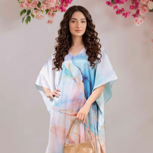 Zoya Kaftan – close-up of the blush pink floral print