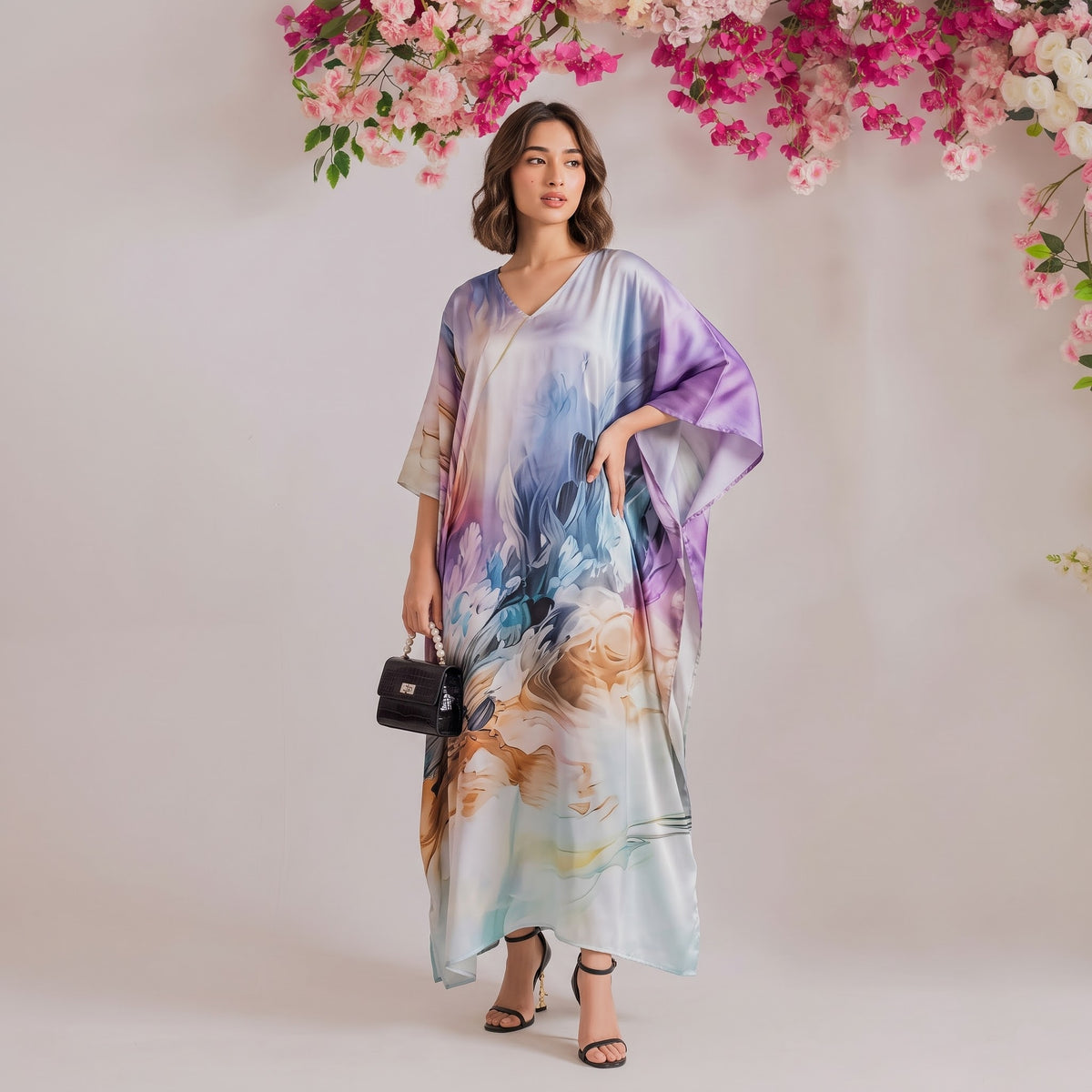 Alia Kaftan – lavender blue floral print, front view