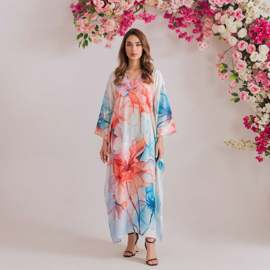 Amyra Kaftan – blush pink floral print, front view