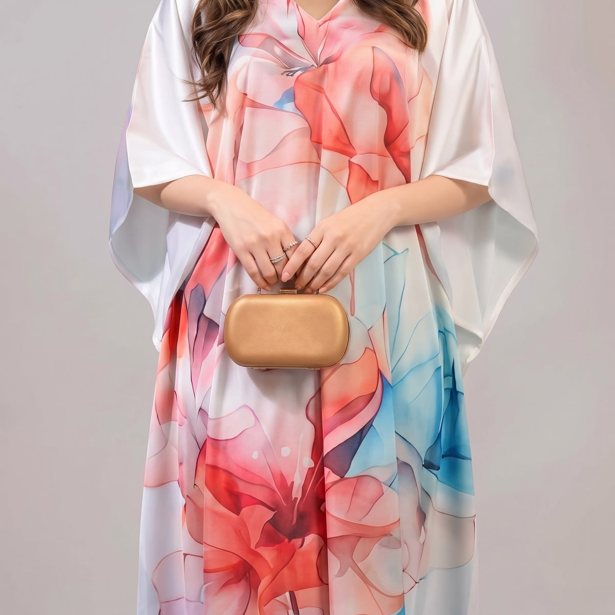 Amyra Kaftan – close-up of the blush pink floral print