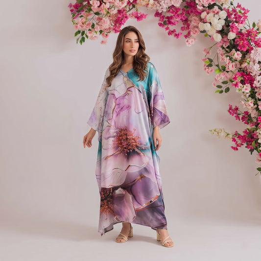 Sana Kaftan – teal & lilac floral print, front view