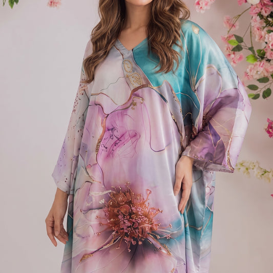 Sana Kaftan – close-up of the teal & lilac floral print