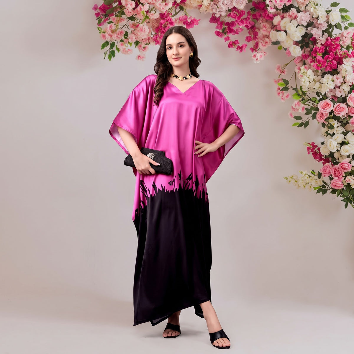 Elina Kaftan – purple floral print, front view