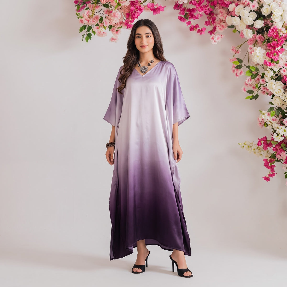 Leela Kaftan – lavender floral print, front view