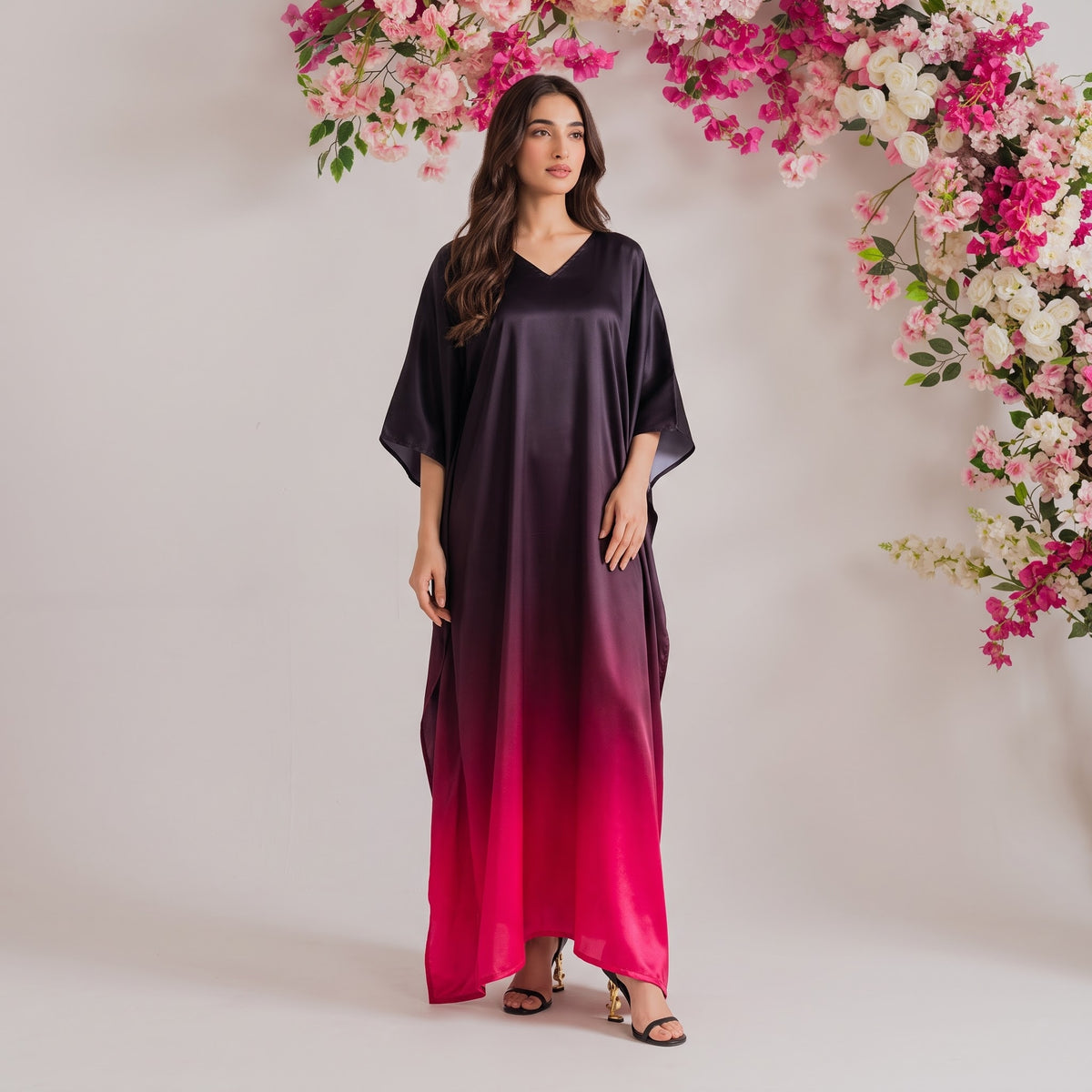 Maya Kaftan – wine red floral print, front view