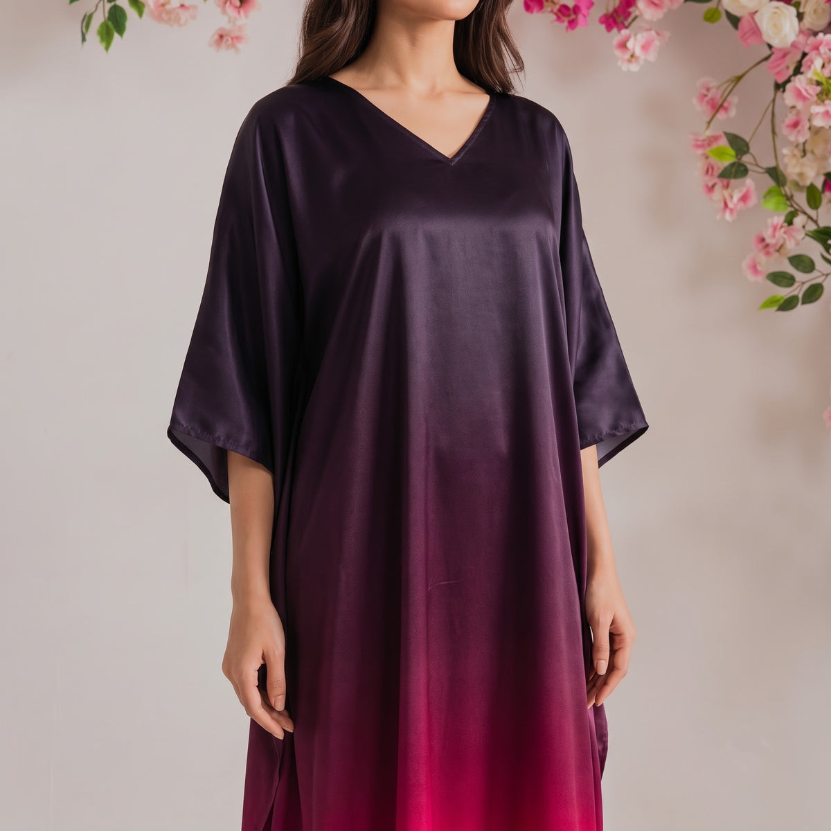 Maya Kaftan – close-up of the wine red floral print