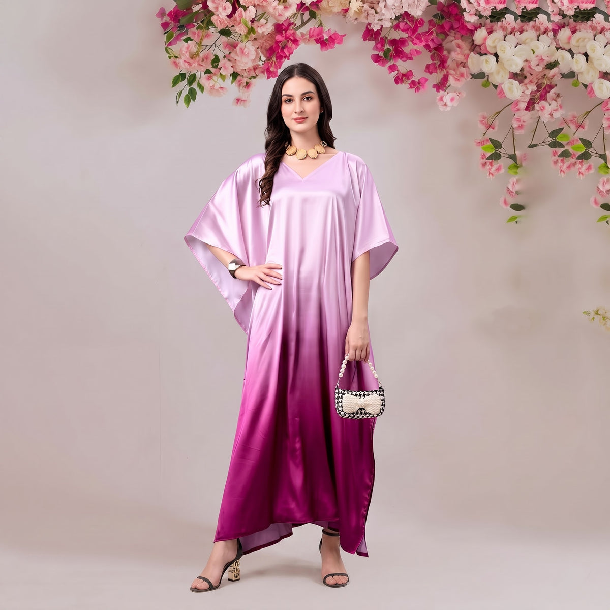 Anvi Kaftan – fuchsia pink floral print, front view