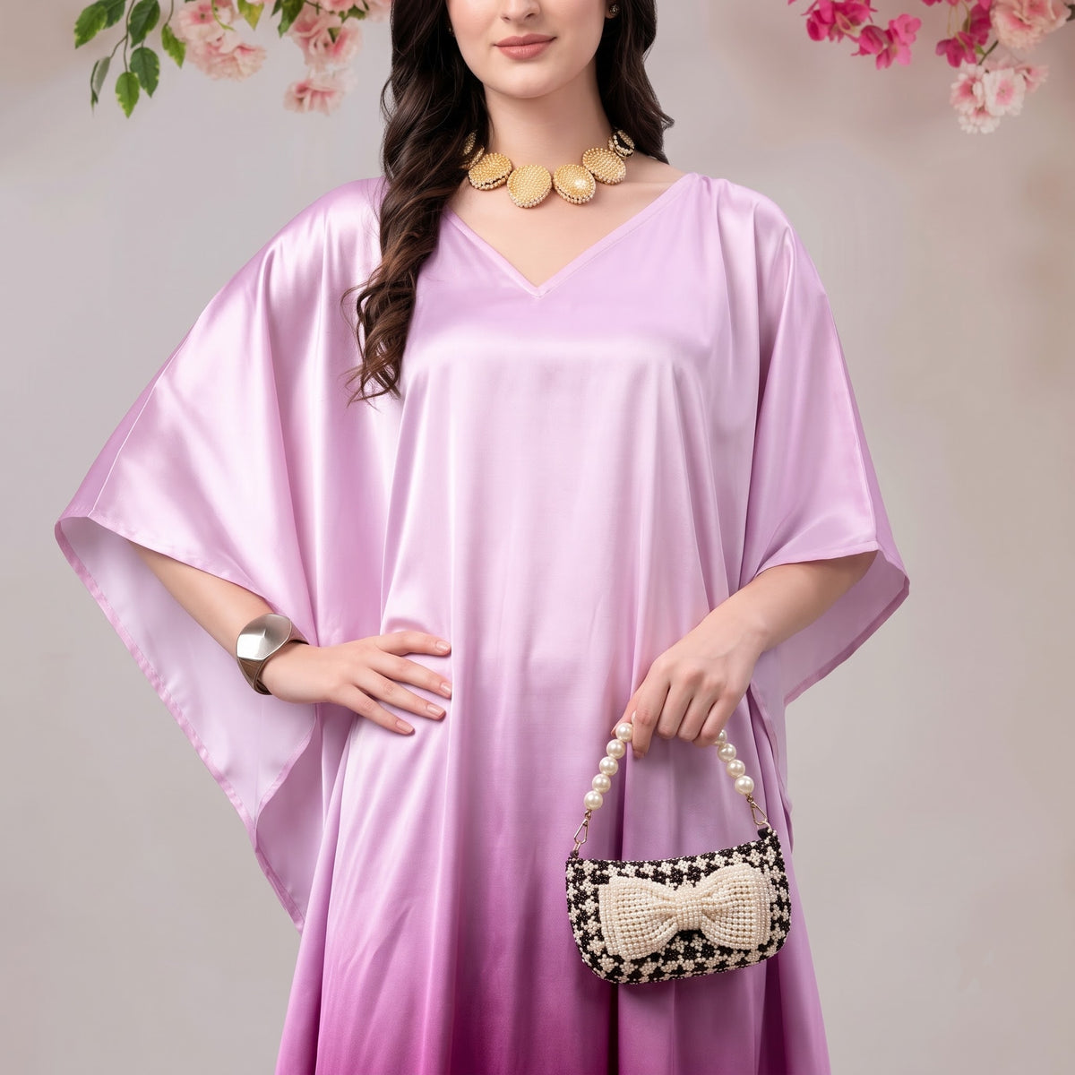Anvi Kaftan – close-up of the fuchsia pink floral print