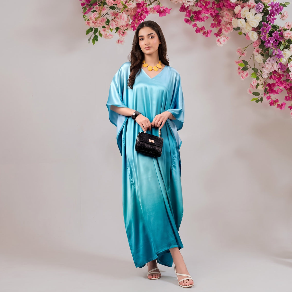Diya Kaftan – turquoise floral print, front view